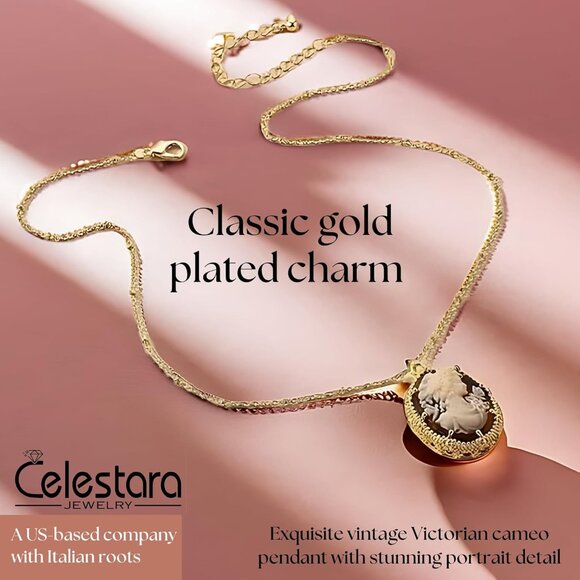 Gold-Plated Victorian Cameo Necklace Vintage Amber Pendant Bead Chain Gift Box - Picture 2 of 7